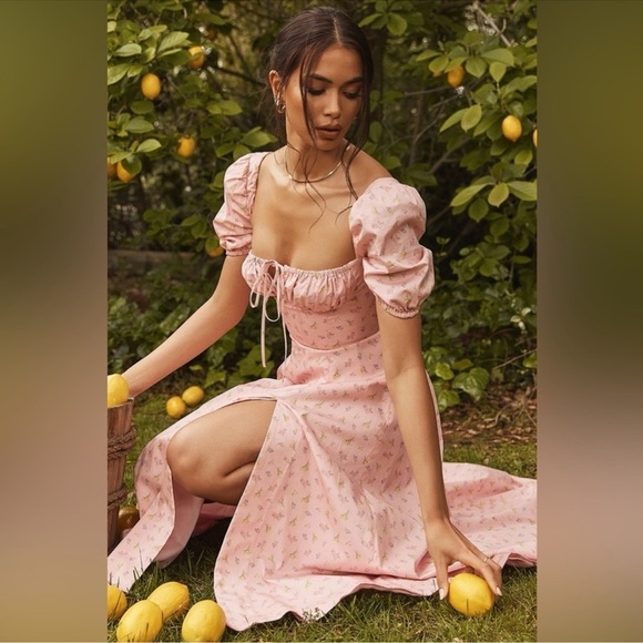 NWOT House of CB Pink Floral Tallulah Puff sleeves midi dress sz XS - Picture 3 of 10